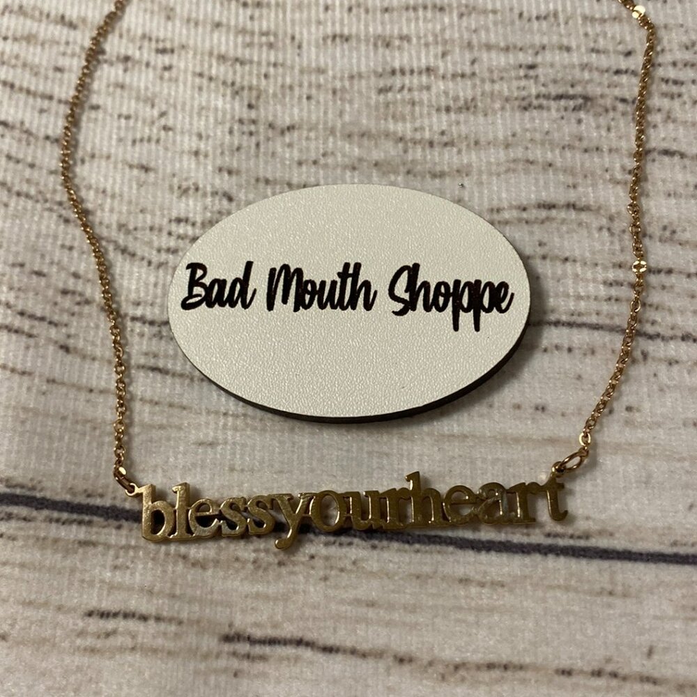 *Metal Marvels BLESS YOUR HEART Silhouette Cut Out Word Necklace in Gold